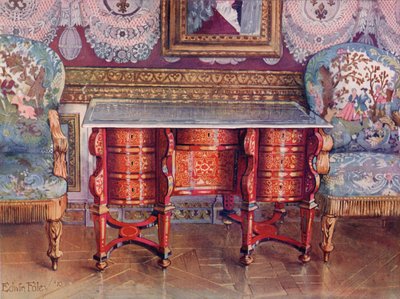 Bureau à genoux en écaille de tortue rouge et laque avec dessus en acier. Boulle. Fauteuils dorés, tapissés en tapisserie - Edwin John Foley